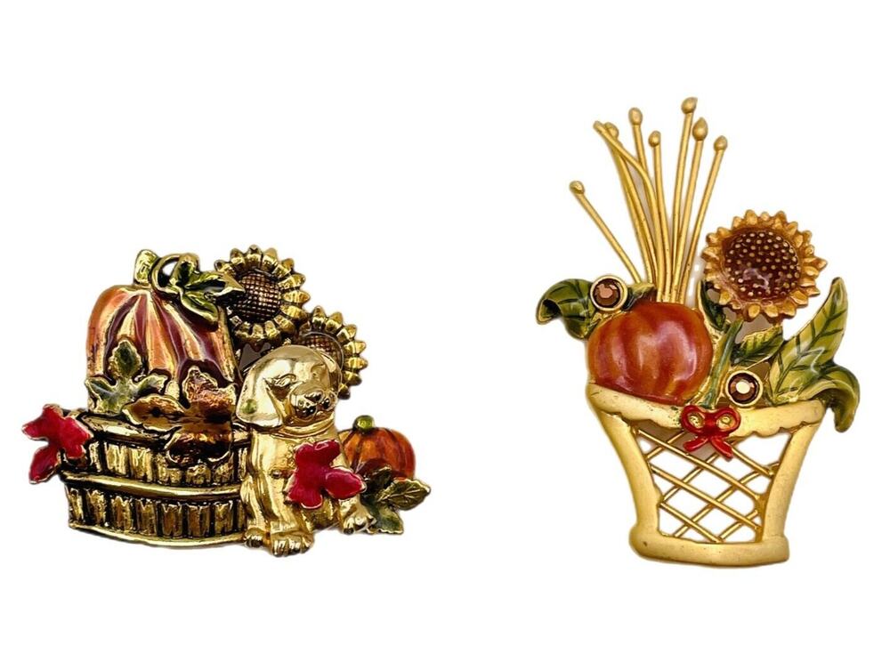 Kenneth Cole Fall Harvest Basket Pins Brooch Pumpkin Flowers Puppy Signed KC